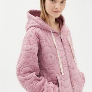 Urban Outfitters BDG Vintage Pink Quilted Zip-Up Smiley Face Hoodie XS